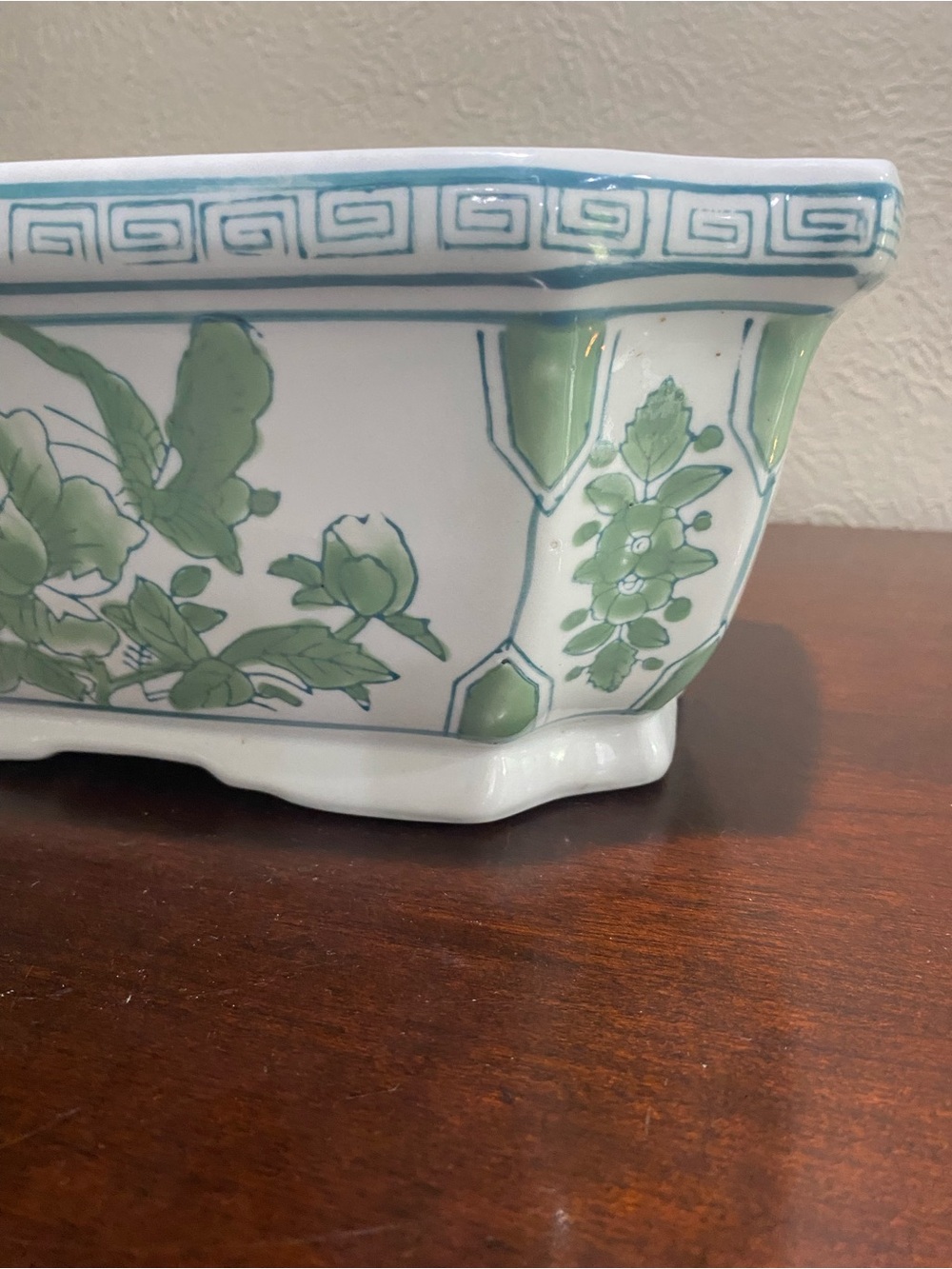 Rectangular Ceramic Planter, Distinctive Green & White Chinoiserie Floral Design - Picture 3 of 12